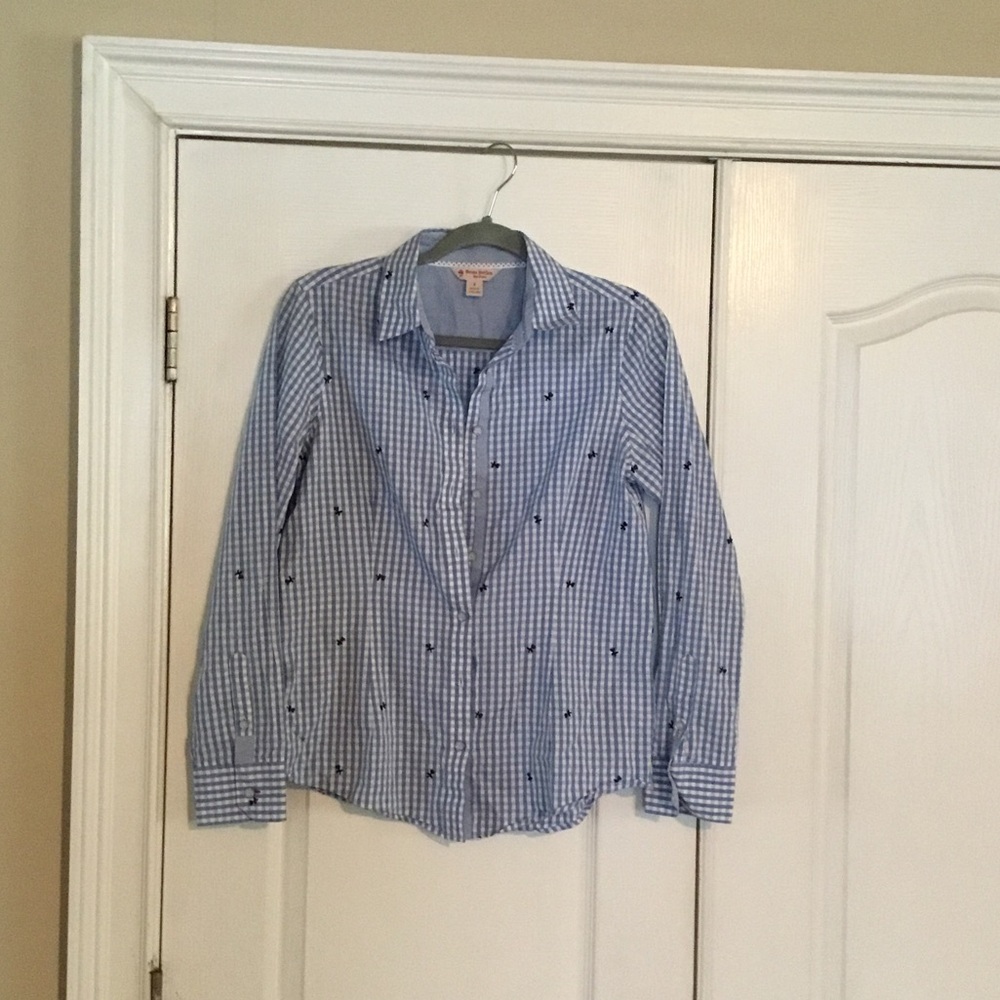 Brooks Brothers Light Blue Gingham Button-Down Blouse with Embroidery